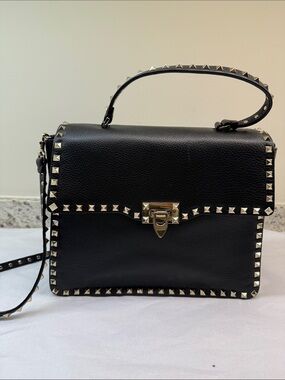 Valentino Garavani Black Leather Rockstud Top-Handle Satchel